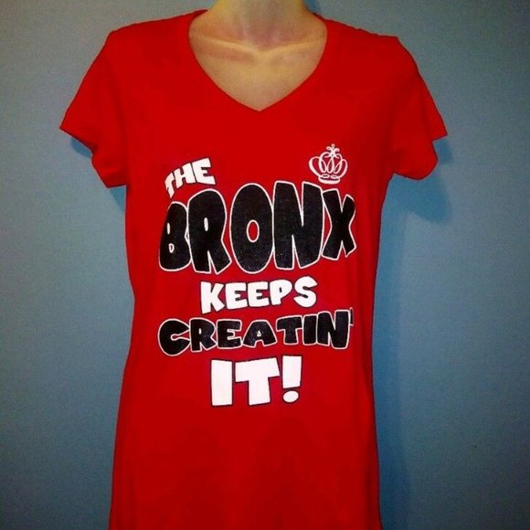 Next Level Apparel "The Bronx Keeps Creatin It" Large Red Women's V-Neck T-Shirt - Picture 1 of 9